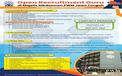 LOWONGAN GURU BARU MAJELIS DIKDASMEN PIMPINAN WILAYAH MUHAMMADIYAH JAWA TENGAH TAHUN 2022